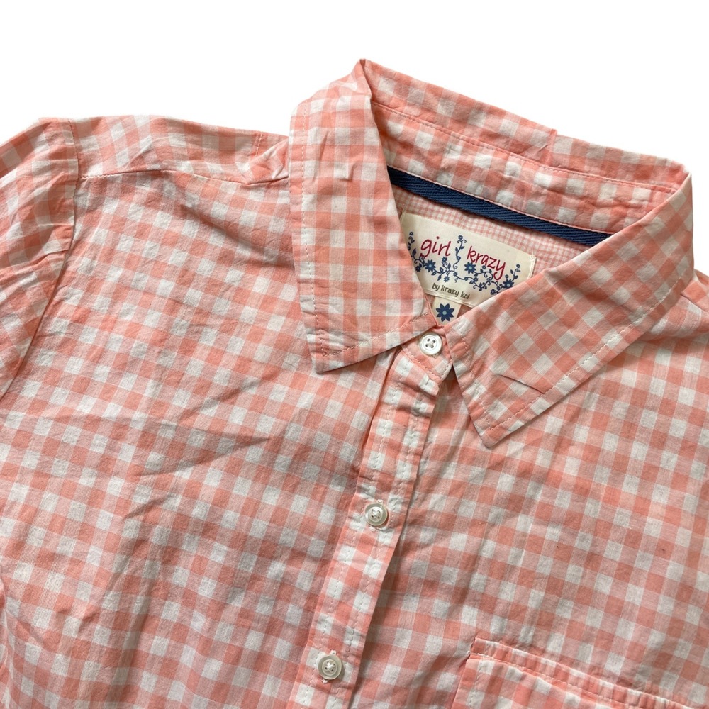 Girl Krazy Large Orange Check Blousr Roll Tab Sleeve 100% Cotton - Picture 2 of 5